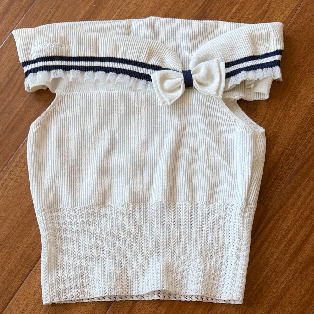 Off-Shoulder Knitted Top with Bow Detail - Cream with Navy Stripes